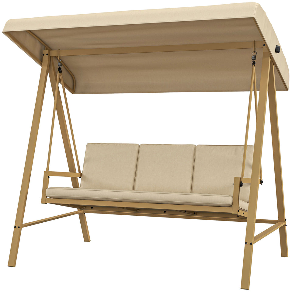 3-Person Patio Swing Chair, Outdoor Porch Swing with Adjustable Canopy, Removable Cushions for Garden, Backyard, Beige
