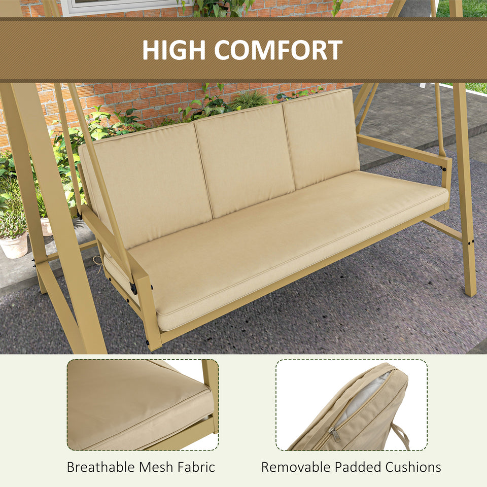 3-Person Patio Swing Chair, Outdoor Porch Swing with Adjustable Canopy, Removable Cushions for Garden, Backyard, Beige